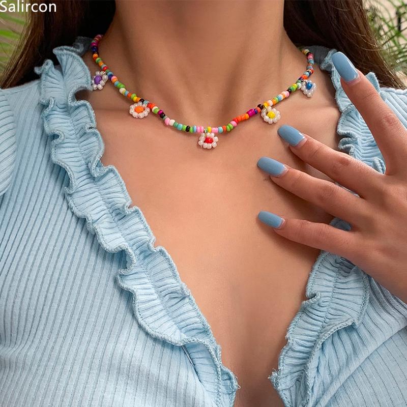 

Pendant Necklaces Boho Colorful Beaded Clavicle Chain Choker Necklace For Women Girls Geometric Flowers Collares Aesthetic Indie Jewelry