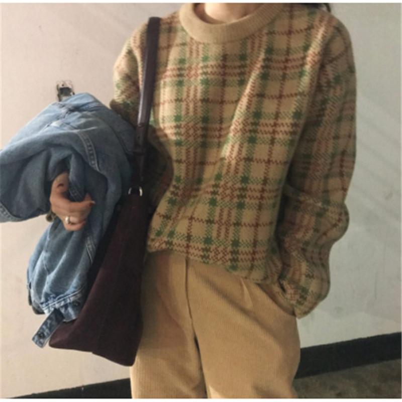 

Women's Sweaters Sweater 2021 Korean Style Vintageo-neck Plaid Knitted Long Sleeve Fluffy Oversized Tops, Gold