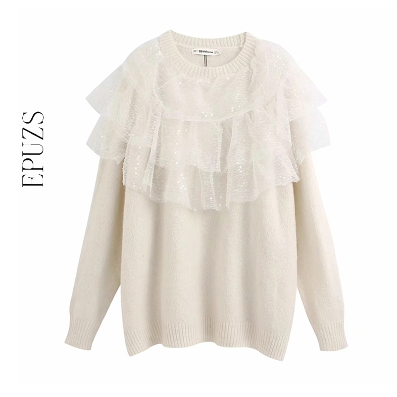 

Vintage white ruffle sweater women long sleeve knitted female winter clothes 210521
