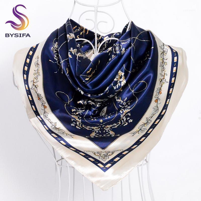 

Scarves [BYSIFA] Navy Blue Beige Female Satin Silk Scarf Shawl Fashion Accessories Women Chain Flowers Pattern Autumn Winter Scarves1