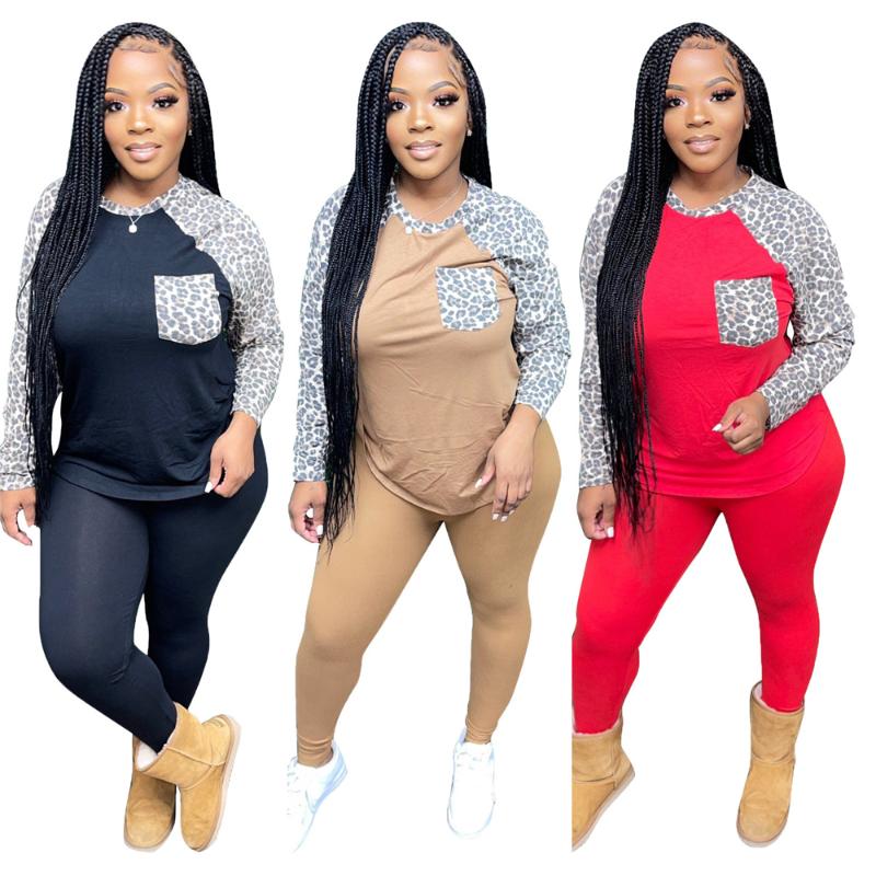 

Women's Two Piece Pants Women Set Leopard Patchwork Long Sleeve Tops Sheath 2 Sets Autumn Casual Tracksuit Outfit, White