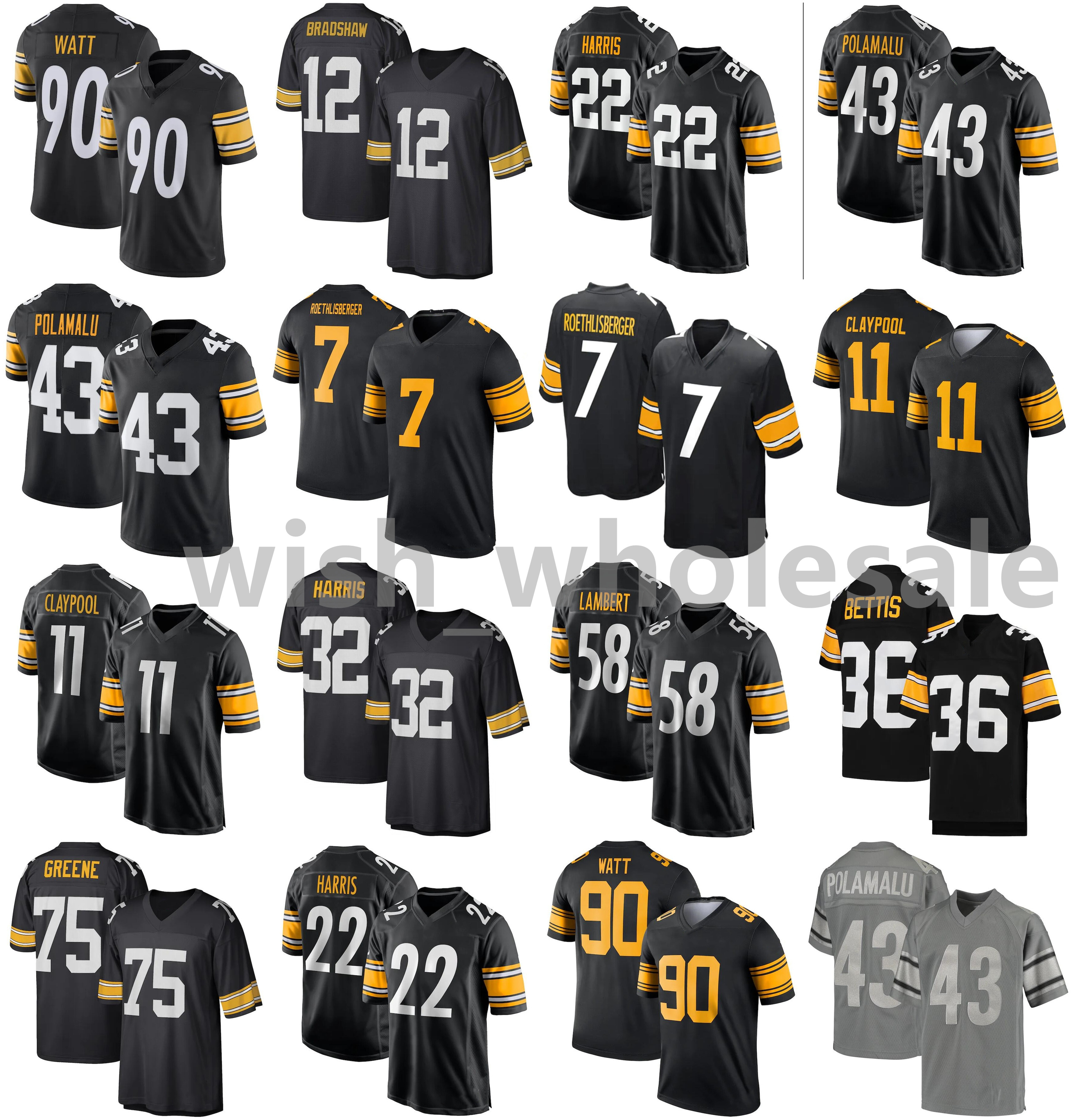

2021 Steelers American Football Jerseys Troy 43 Polamalu Jersey Ben 7 Roethlisberger Chase 11 Claypool Franco 32 Harris T.J. 90 Watt Stitched Size -XXXL, As photo