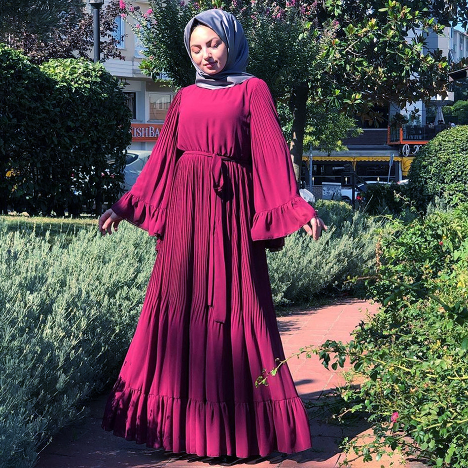 

Muslim Hijab Dress Big Swing Flare Sleeve Empire Lace-up Pleated Abaya Dresses Women Wrinkle Long Robes Dubai Islamic Clothing