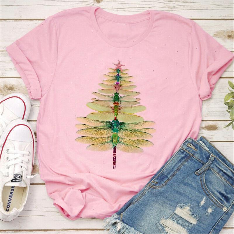 

Womens T Shirts Vintage Aesthetic Dragonfly Print Women Summer Vogue Tshirts O Neck Short Sleeve Lady Girl Funny Hipster, White