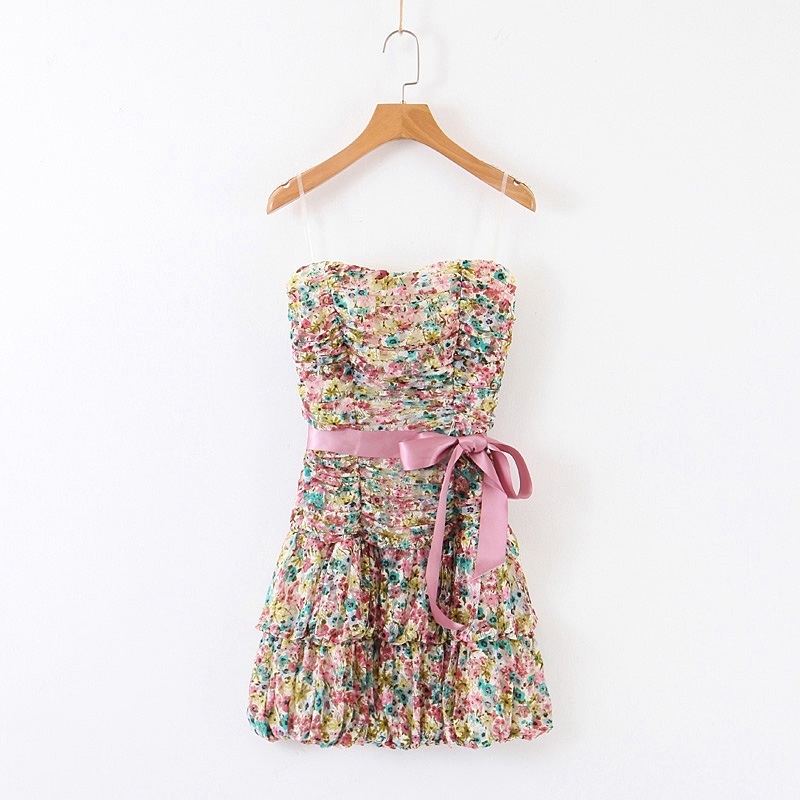 

Summer Fashion Lace Floral Dress Up Bow Rurrles Pleated Skinny Camis Women Elegant Party XZ2340 210525, Pink