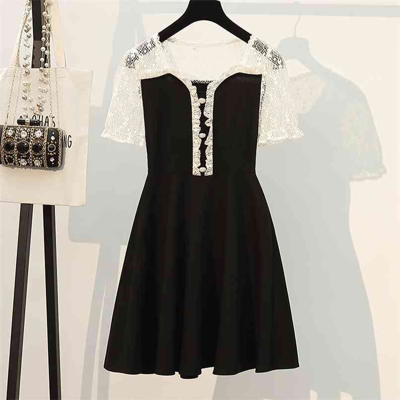 

5XL Fashion women's plus size dress summer style lace fight reception waist slim mini 210520, Black