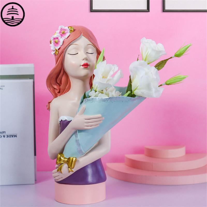 

GUANG TA Nordic Creative Flower Girl Vase Art Sculpture Artificial Flowers Receptacle Resin Craft Entryway Decoration R6008 Vases