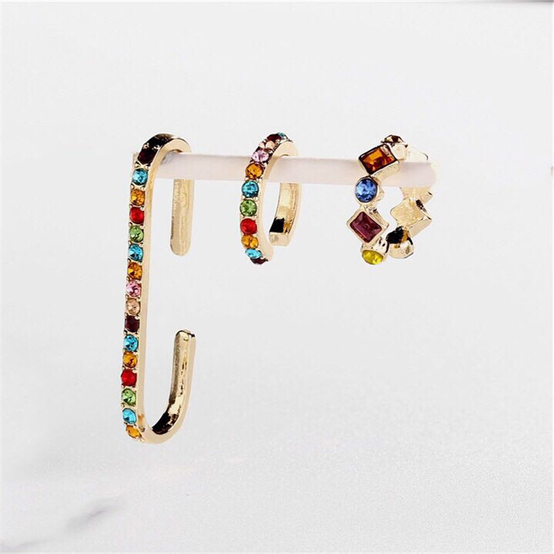 

3PC/SET Rainbow Crystal Ear Cuff Women Rhinestone Clip Earrings for Women Charms Jewelry Femme Circle Earring Brincos Fashion 1244 B3, Silver