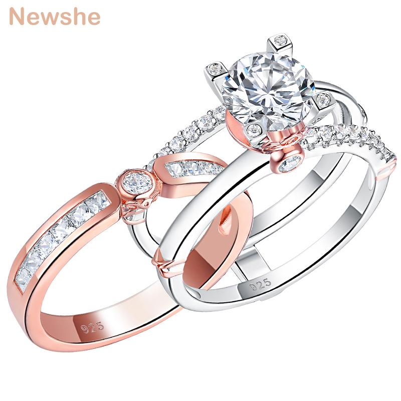 

Cluster Rings She 925 Sterling Silver Engagement Ring Set Rose Gold Wedding Band For Women Round Cut Simulated Diamond CZ Jewelry, Golden;silver