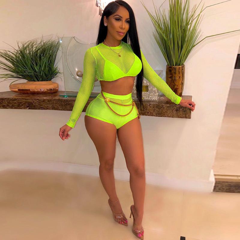 

Women' Tracksuits Fishnet Hollow Sheer Two Piece Set Summer Vacation Backless O Neck Top+ Elastic Waist Biker Shorts Casual Swimsuit, Yellow