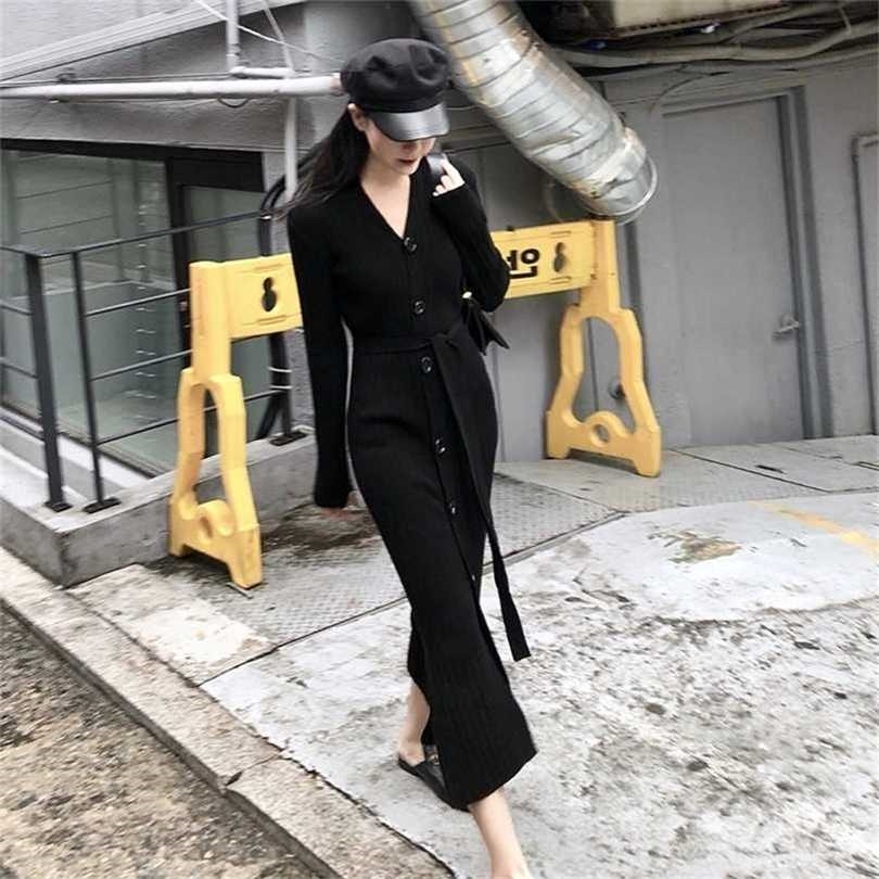 

Women Long Sweater Dresses Knitted Maxi Autumn Winter Fashion V-neck 211109, Black