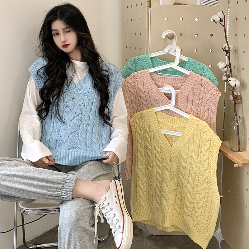 

4 colors 2021 korean style V-neck soild color loose sleeveless vest sweaters womens knitted sweaters womens pullovers (C9831), White;black