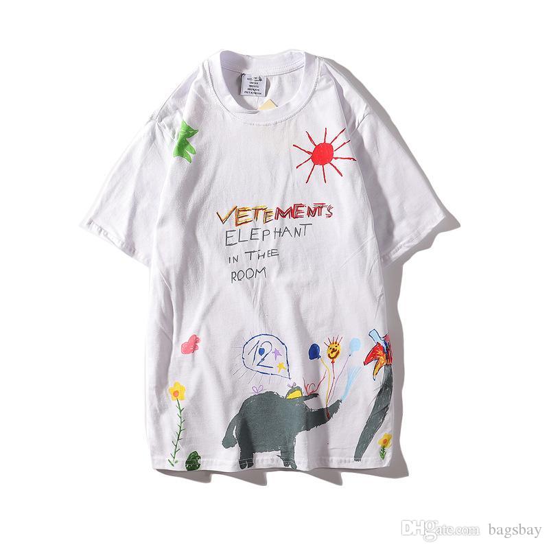 

Early Spring New Hand-painted Graffiti Animal Letter Round Neck Loose Fashion Wild T-shirt Female Tide, White