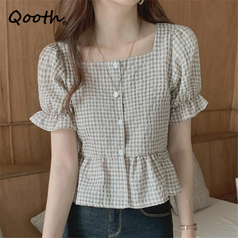 

Qooth Retro Square Collar Puff Sleeve Plaid Blouse Single Breasted Short Sleeve Slim Sweet Shirt Womens Summer Short Tops QT660 210518, Light green
