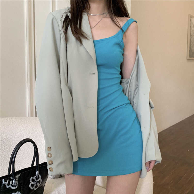 Spring and Summer 2021 Korean Peacock Blue Sexy Suspender Vt Skirt Base Drs + Green Suit Coat-image-702399480