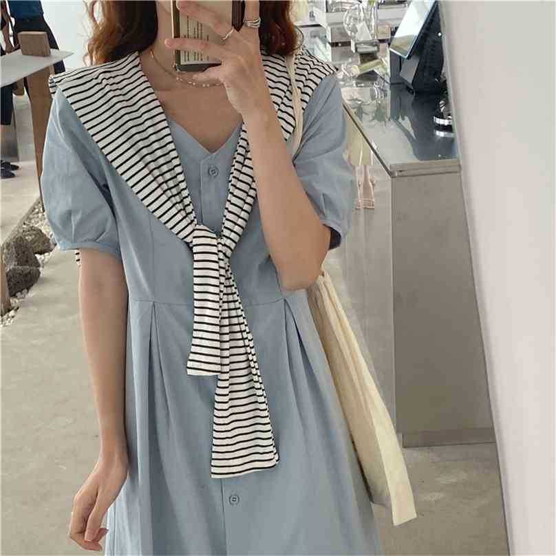 

Summer Retro Loose Solid Outwear Gentle Vestidos Sweet Striped Shawl Femme Streetwear All Match Long Dresses 210525, Photo color