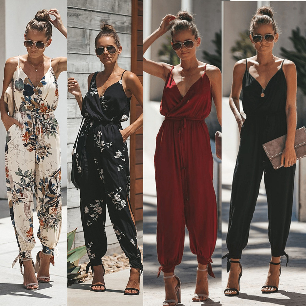 

fasion summer pants Bra suit Jumpsuits Rompers outdoor outfits V-neck crop top vest set Floral Printed Sleeveless Strappy Female Girls Dresses casual sets plus size, Multi