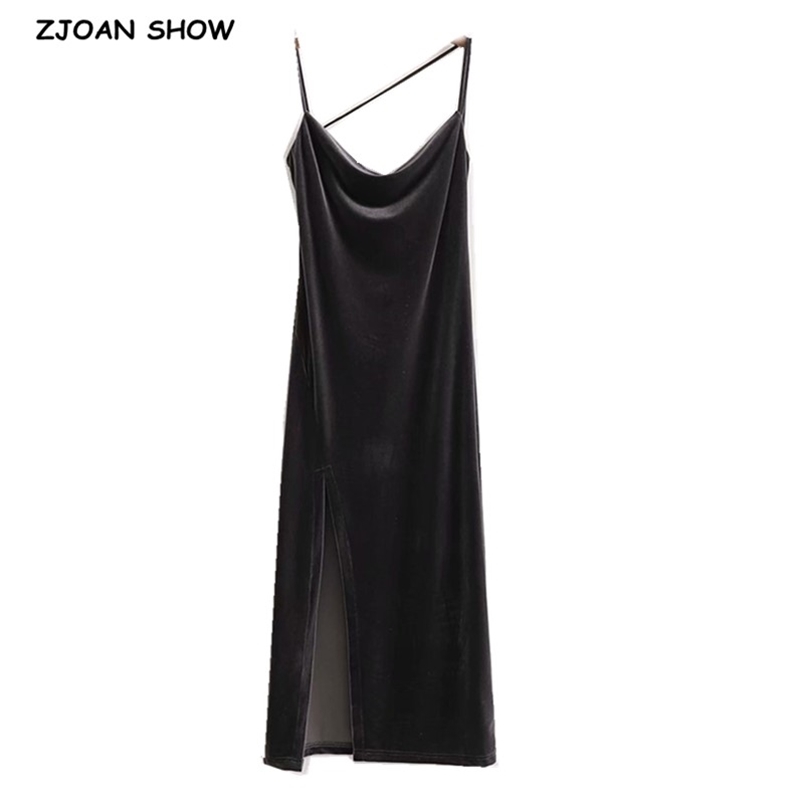 

Sexy Asymmetrical Collar Backless Velvet Sling Dress Woman Vintage Spaghetti Strap A line Velour Slit Mid Long Base 210429, Dark grey