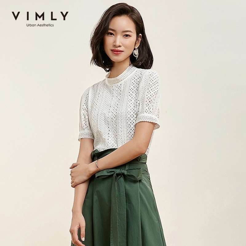 Vimly Summer Women Hollow Embroidered Lace Blouse Elegant Office Lady Stand Collar Short Sleeve Solid Female Shirts F1182 210317