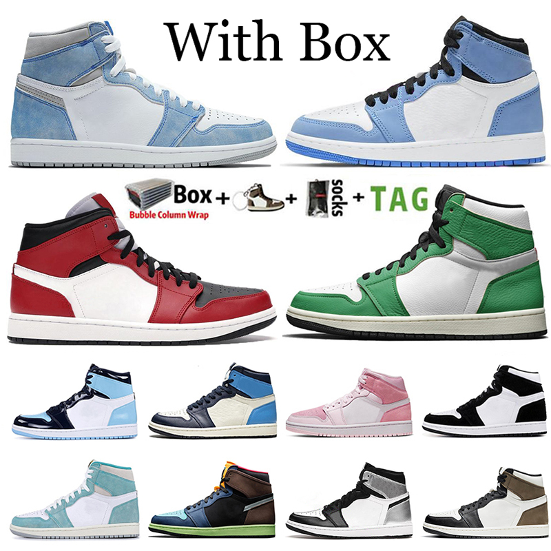 

With Box Jumpman 1 1s Mens Basketball Shoes University Blue Hyper Royal Obsidian UNC Lucky Green Mid Chicago Women Sneakers Trainers Size 36-46, 48