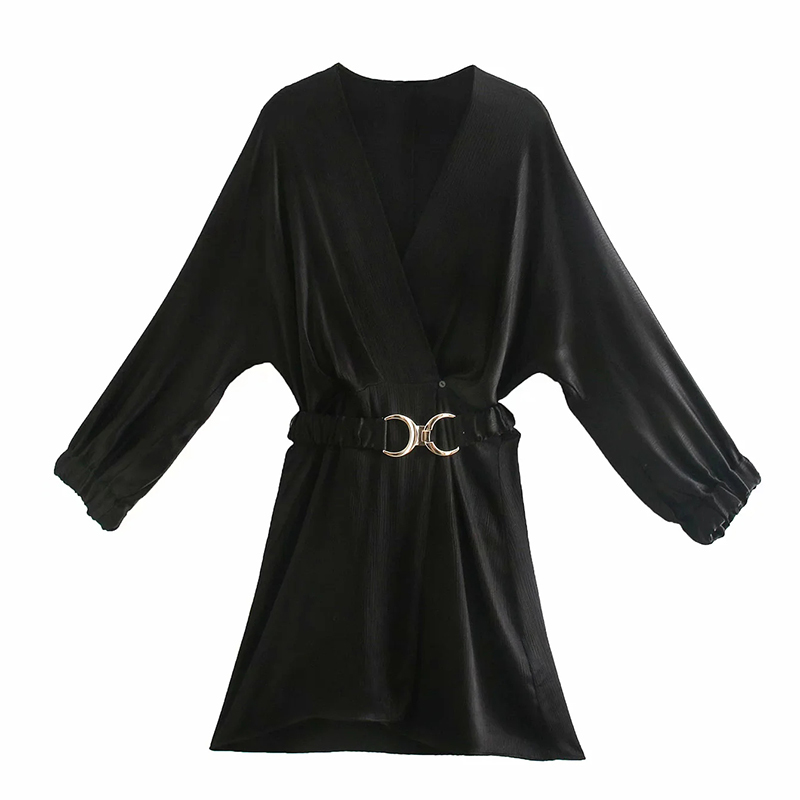 

Summer Women Elegant Fashion Black With Belt V-Neck Dress Female Long Sleeve Short Dresses 210520