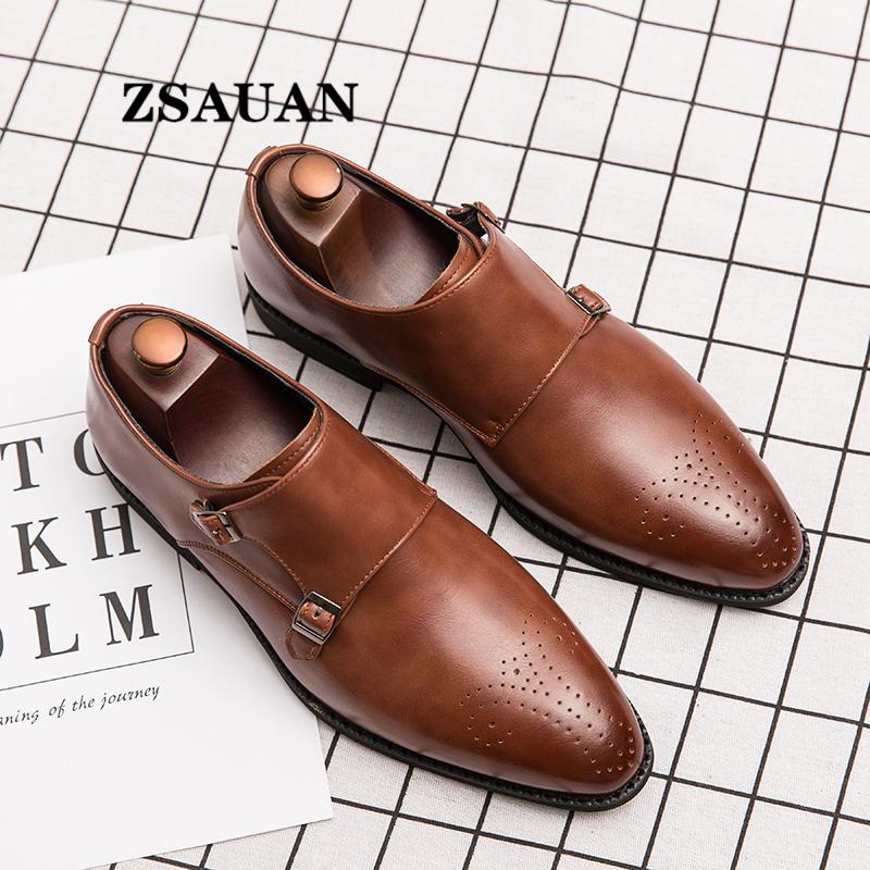 

Vintage Men Office Dress Shoes ZSAUAN Monk Strap PU Leather Brogue Solid Daily Formal Footwear Elegant Big Size 38-46, Brown