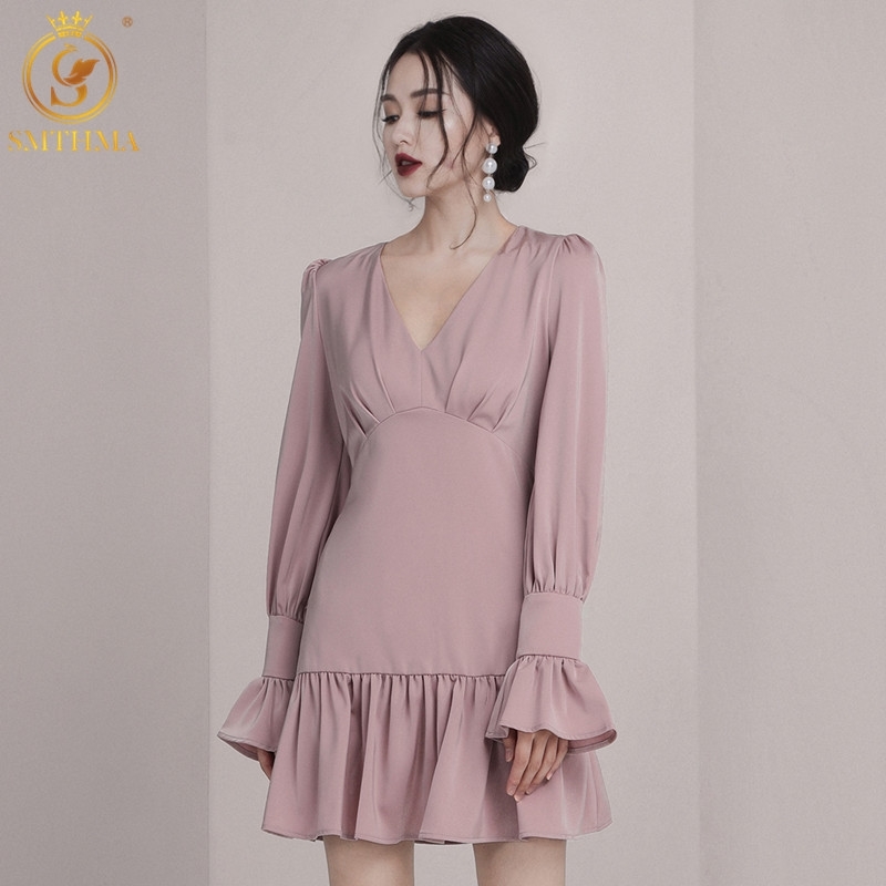 

Fashion Spring Women Sexy V-Neck Korea Dress Long Sleeve Ruffle OL Casual Dresses Vestidos 210520, Photo color
