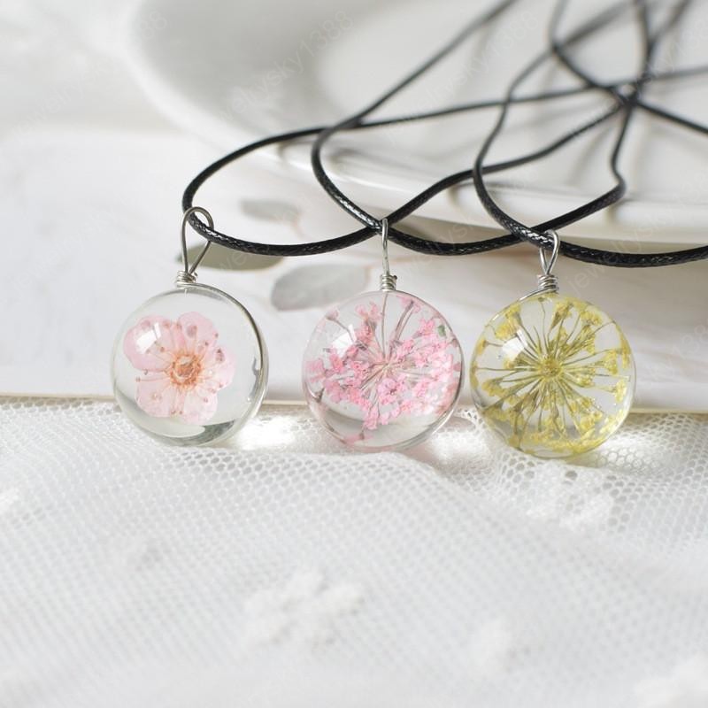 

Fashion Leather Rope Chain Glass Round Pendant Necklaces For Women Bohemian Flower Necklace Statement Jewelry, Silver