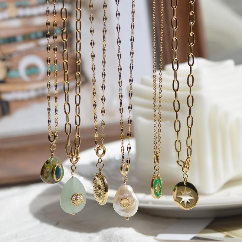 

Pendant Necklaces GHIDBK Non Tarnish Titanium Steel Chain Water Drop Turquoise Geometric Irregular For Women Girls Jewelry, Silver