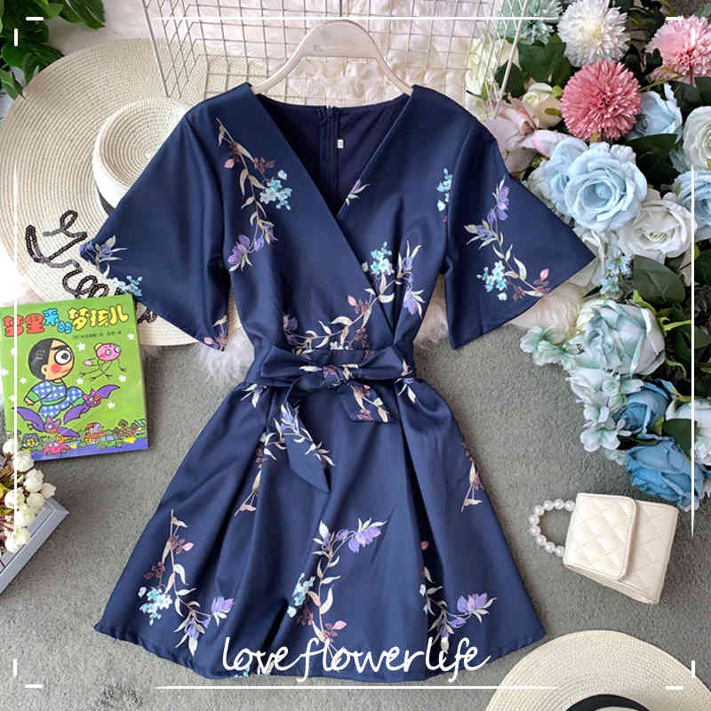 

Summer Women Floral Print Dress Ladys V Neck Short Sleeve With Belt High Waist Beach Holiday Dress 210521
