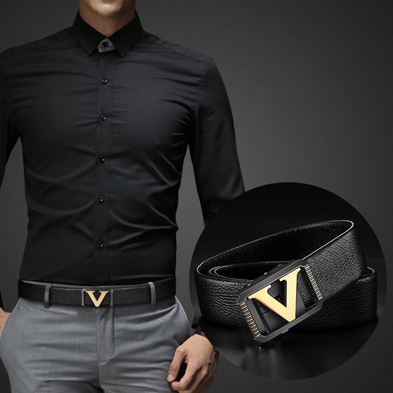 

Belts High Quality Designer Men Fashion V Letter Luxury Genuine Leather Belt Classic Exquisite Waist Strap, Gold