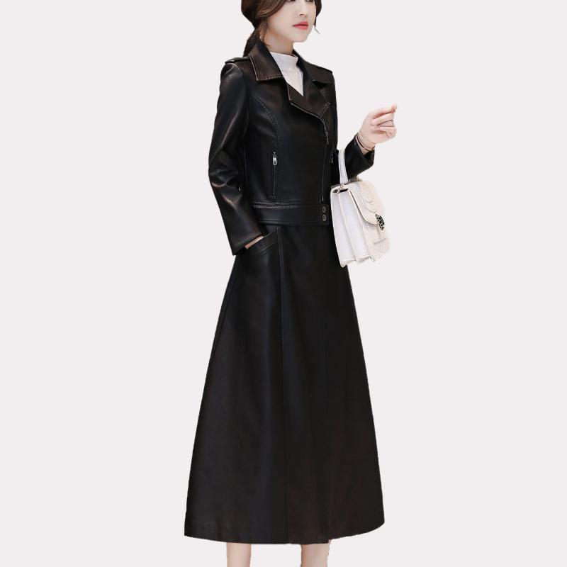 

Women's Leather & Faux Soft Protein Coat 21 Autumn Winter Lapel Fashionable Temperament Commuting Length Detachable Windbreaker, Black