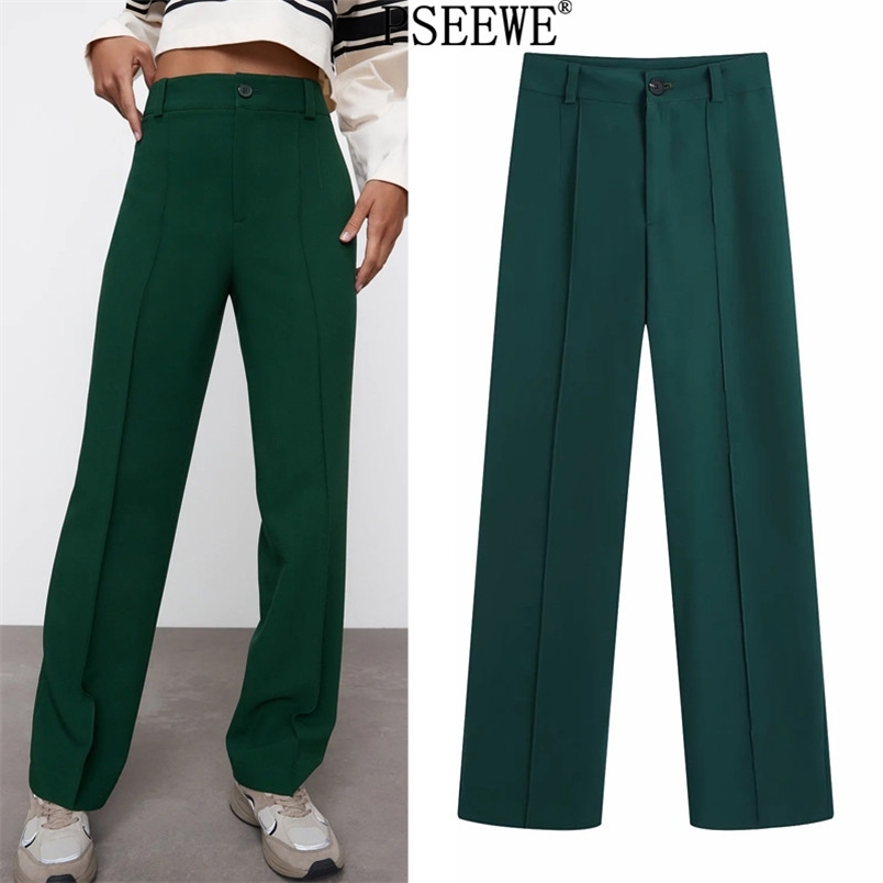 

Spring Dark Green High Waist Pants Women Elegant Office Wear Wide leg Trousers Woman Chic Front Zip Female 210519