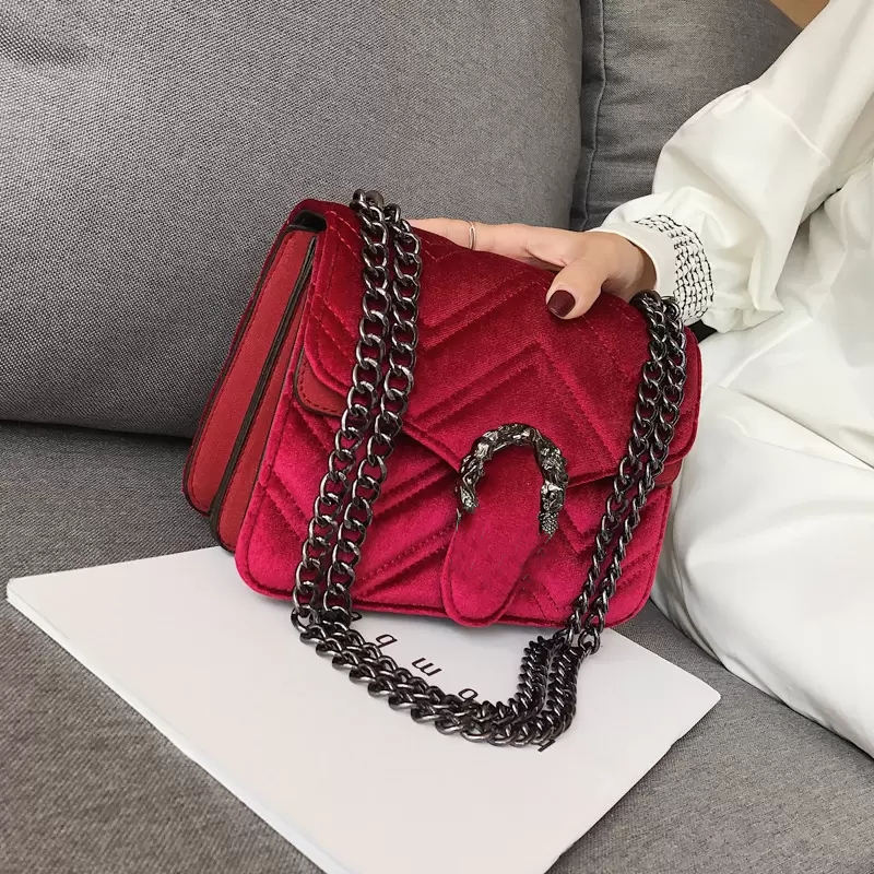 

Designer-women bag winter snakehead lock velvet bag classic embroidered line wavy women chain bags elegant temperament small, Red