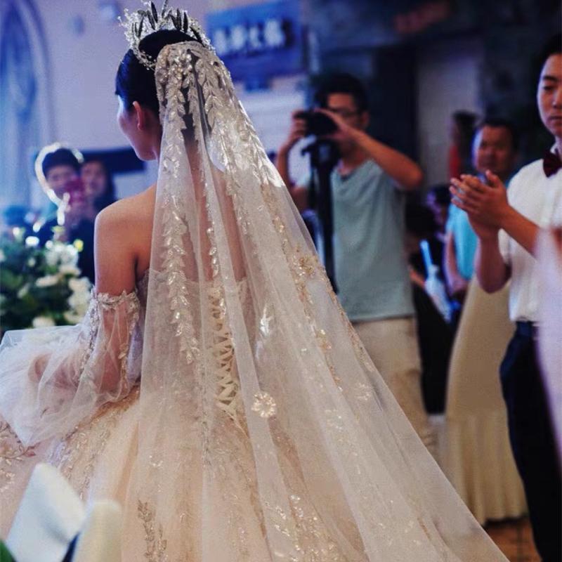 

Bridal Veils Mingli Tengda Bride Veil With Comb Wedding Tail Headdress 4m Long Champagne Lace Court Blingbling Veu Noiva, White