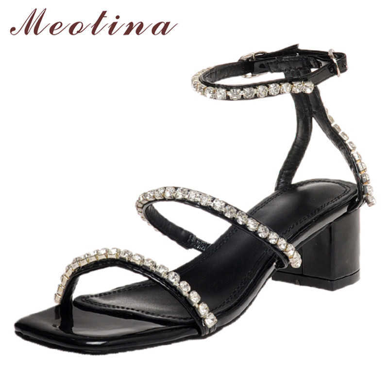 

Meotina Women Shoes Ankle Strap High Heel Sandals Crystal Square Toe Thick Heels Footwear Lady Summer Sandals Black Big Size 40 210608