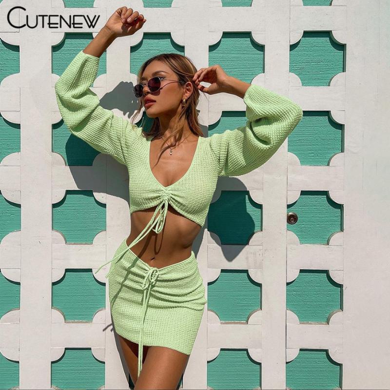 

Work Dresses Cute Autumn Solid Bandage Two Piece Set Women Outfit Sexy V-Neck Long Sleeve Crop Top+Short Skirt Casual Slim Lady Streetwear, White;black