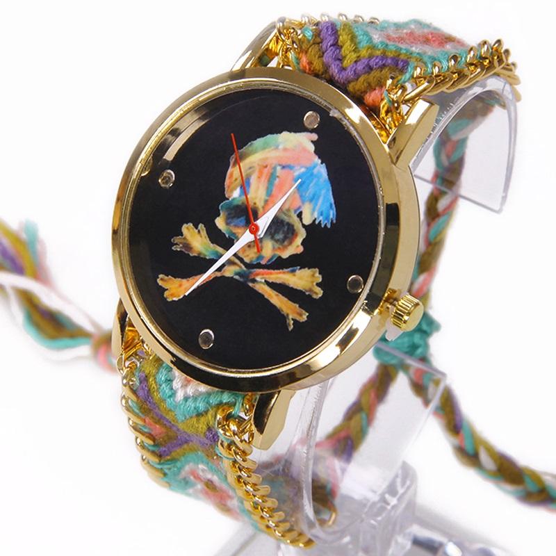 

Wristwatches Rainbow Geneva Watch Women Pirate Flag Skull Bones Black Dial Wristwatch Lace Chain Braid Reloj Girl Teen Vintage Fabric Ethnic