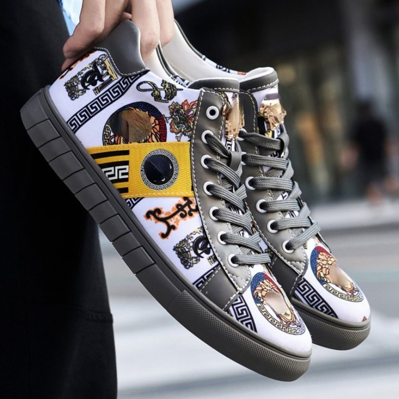 

2022 New Men PU Leather High Top Stitching Fashion Boots Printed Lace Up Flat Bottom Comfortable Classic Versatile HM237, Grey