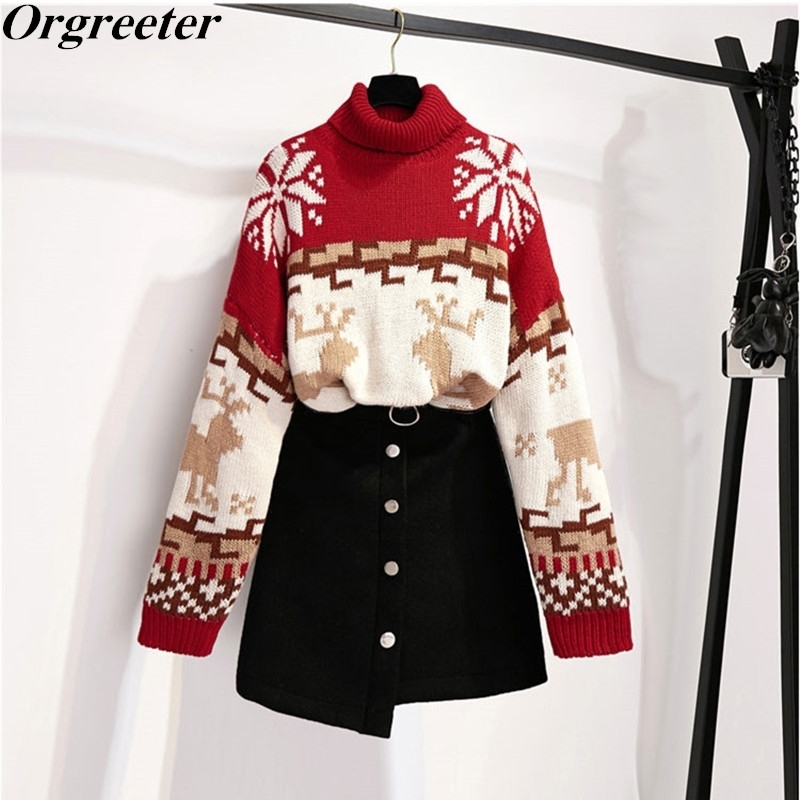 

Christmas Sweater Women Turtleneck Batwing Sleeve Snowflake Elk jacquard Thick and Asymmetry Mini Skirts 2 Piece Sets 210525, Only skirts