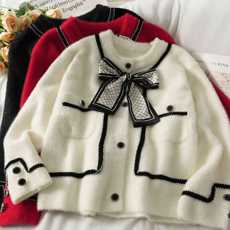 

Women's Sweaters Korean mink skin stylish bow smooth cardigan female sweater Autumn manga matching color vintage QDBX, 1# shoe box