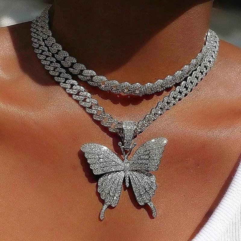 

Chains Punk Cuban Link Chain Butterfly Rhinestone Pendant Necklace For Women Rapper Full Crystal Choker Men Rock Jewelry