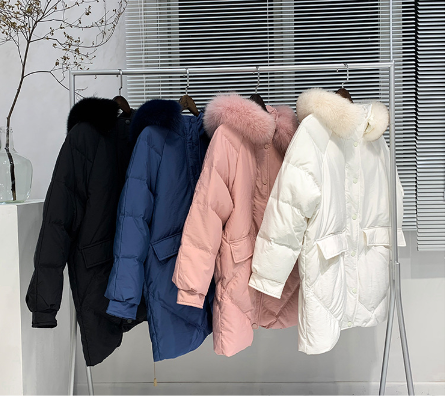 

Ftlzz New Winter Women Hooded White Duck Down Medium Long Jacket Casual Thick Solid Fox Fur Collar Coat, Tan;black