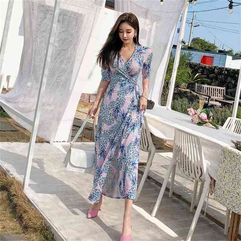 

Maxi Dress korean ladies Sexy summer short Sleeve elegant print cabaret Long Beach Party Dresses for women 210602, Mixed color