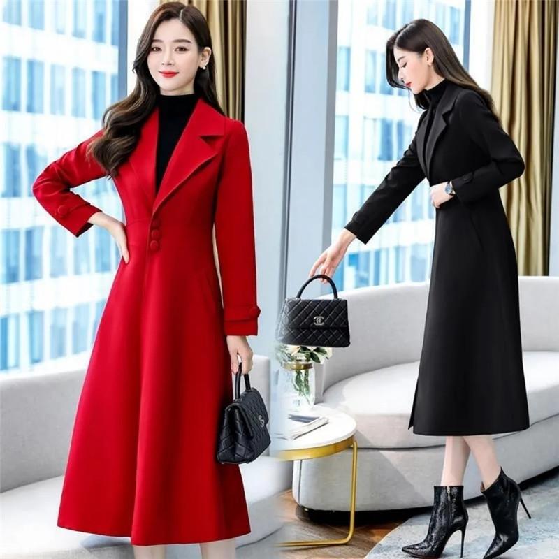 

Women's Wool & Blends Spring Autumn Fashion All-Match Ity Receive Waist Thin Suit Collar Trench Coats Long Woolen Overcoat Women, Red