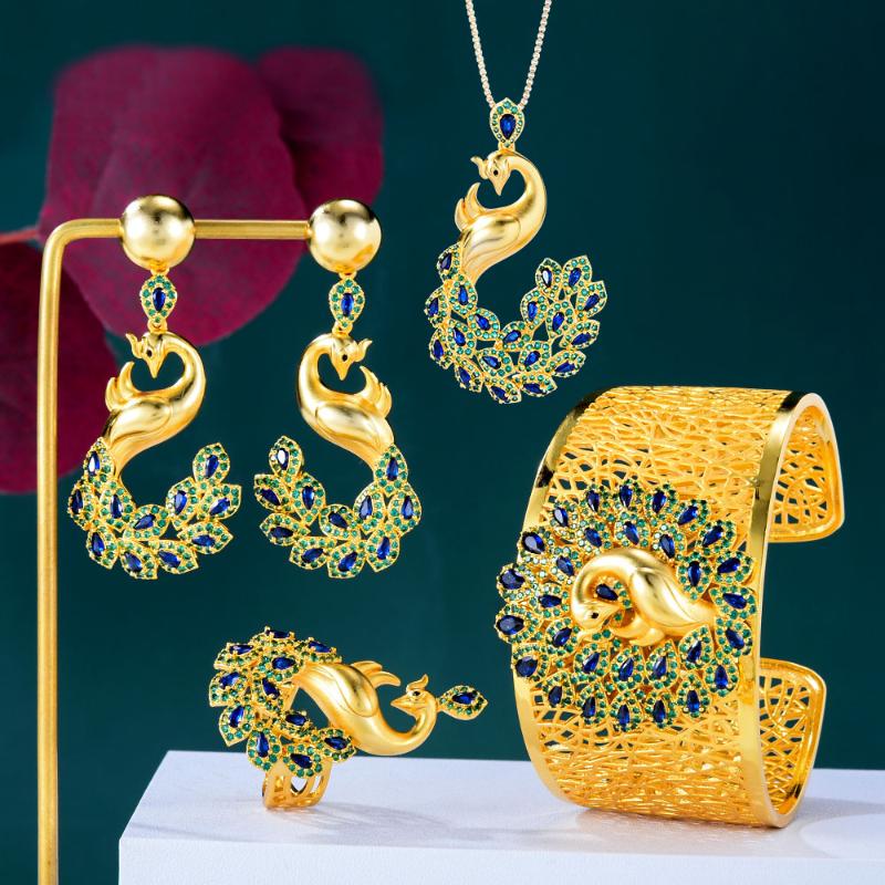 

Bangle GODKI Peacock 5PC Bracelet Ring Necklace Earring Set For Women Wedding Bridal Zircon African//Dubai Jewelry