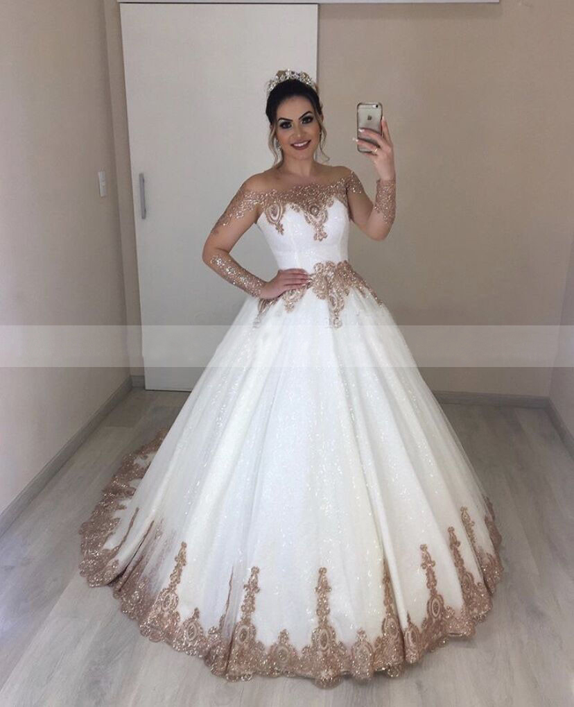 

Princess White Wedding Dress With Rose Gold Appliques Vintage Transparent Long Sleeves Bridal Dress Ball Gown robe mariage, Hunter green