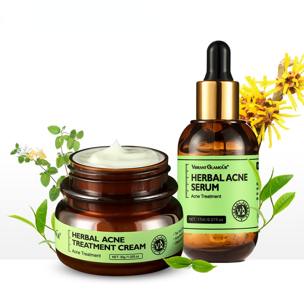 

2Pcs Herbal Facial Skin Care Set Face Cream Serum Acne Treatment Oil Control Get Rid of Acne Marks Brighten Suit