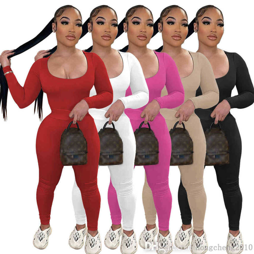 

Women Tracksuits Two Piece Set Designer Autumn And Winter Elastic Frosted Fabric Slim Sexy U-neck Long Sleeve Pants Outfits Pink, White