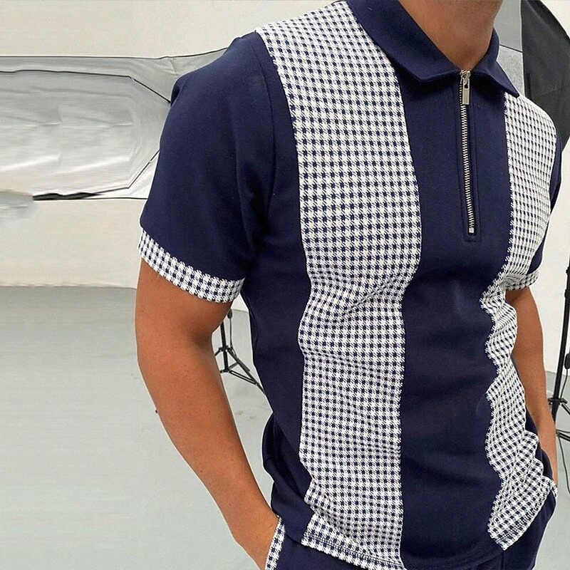 Chemise de golf pour hommes rayé rue Plaid Collier Street Daily Fermeture à glissière Courte Sleeve Tops Casual Confortable Bleu Black Kaki S4ZU